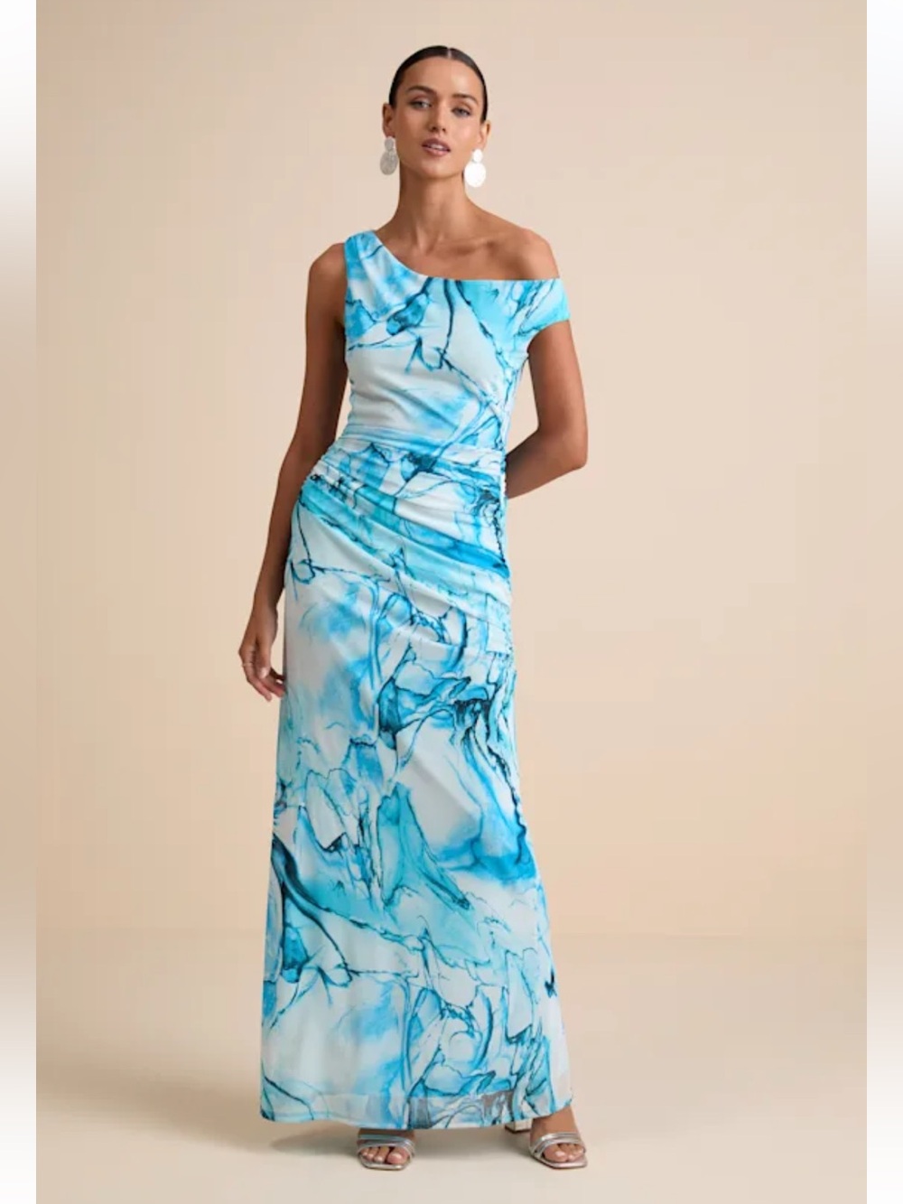 Lulus Jojo Light Blue Marbled Ruched One-shoulder Maxi Dress - Size S